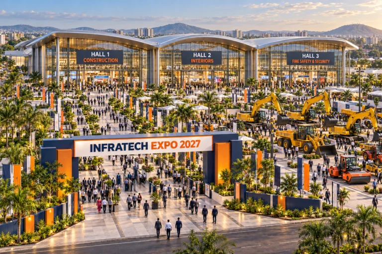 INFRATECH EXPO concept: grand entrance, three glass halls, outdoor earthmovers area and visitors